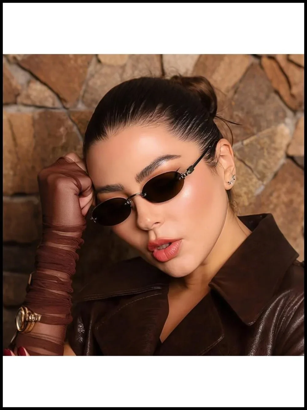 Retro Small Oval Rimless Sunglasses, Gold Metal Frame, UV400 Protection